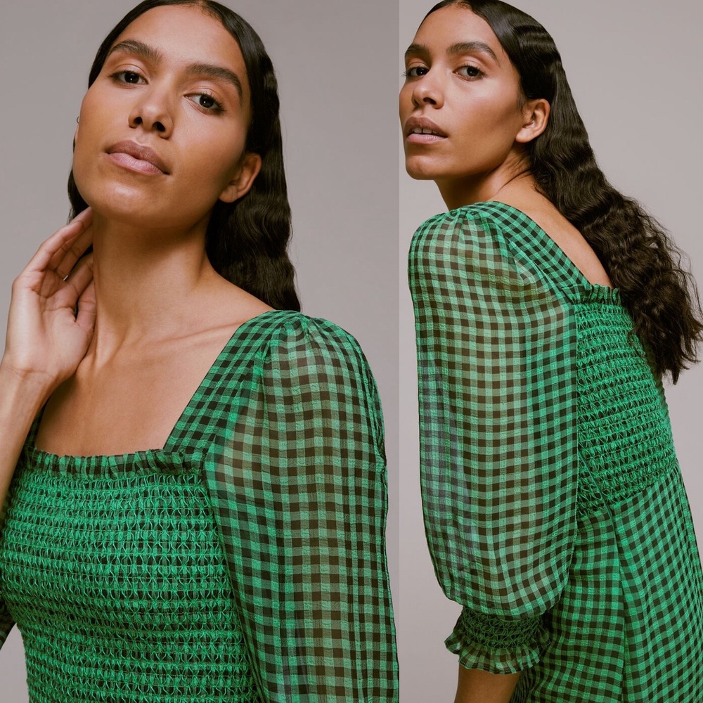 $319 Whistles Green Lottie Gingham Smocked Midi Dress Square Neck US 6 UK 10 - Picture 4 of 7
